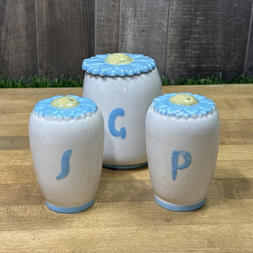 Vintage Abingdon USA 679 Blue Daisy Canister Salt Pepper Shakers Pottery Set